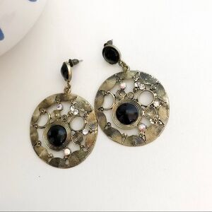 Gold & black rhinestone circular dangle earrings 